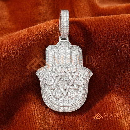 Iced Out Hamsa & Star of David Pendant with Chai Symbol - Sterling Silver, 14K Gold & Rose Gold