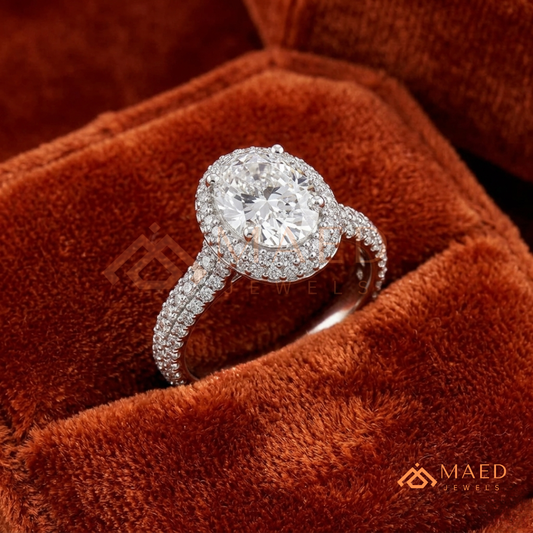 Radiant Oval Double Halo Engagement Ring with Multi-Row Pavé Band