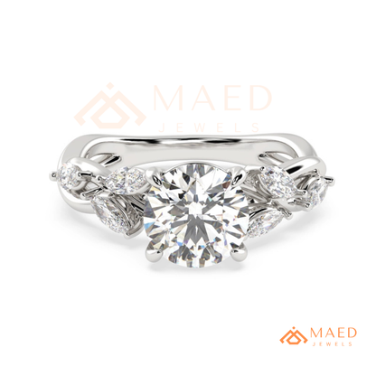 Nature Inspired Round Cut Moissanite Engagement Ring, Marquise Diamond Vine Leaf Wedding Ring in Silver, 14K Gold & Rose Gold