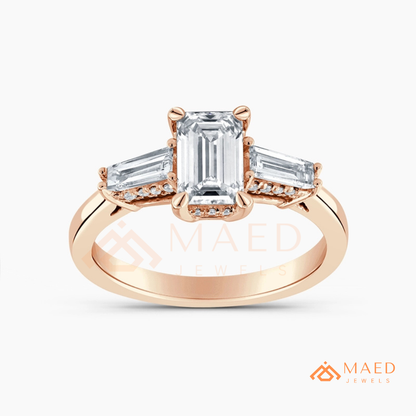 Emerald Cut Three-Stone Engagement Ring with Tapered Baguettes in Silver, 14K Gold, & 14K Rose Gold