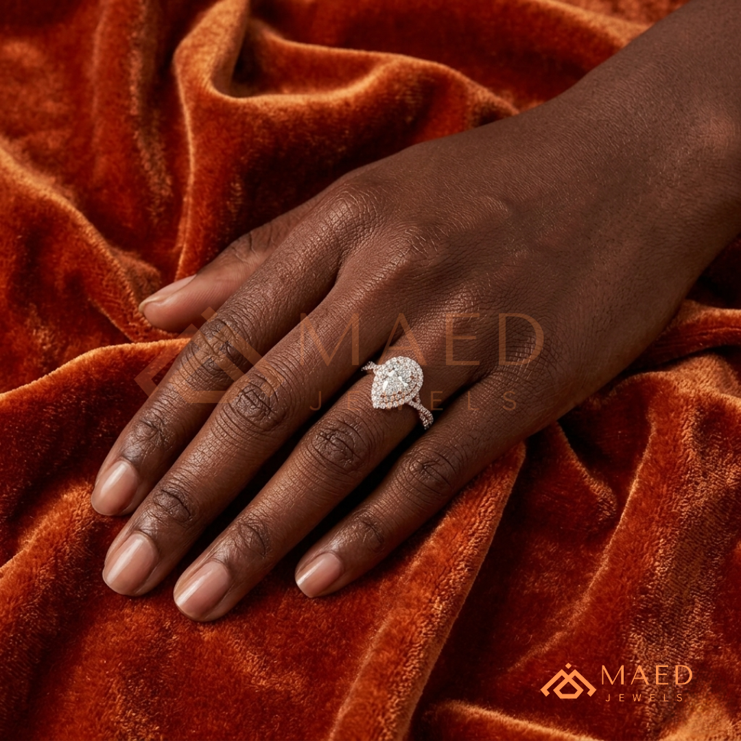 Pear Cut Halo Engagement Ring with Twisted Pavé Band – Sterling Silver, 14K Gold, or 14K Rose Gold