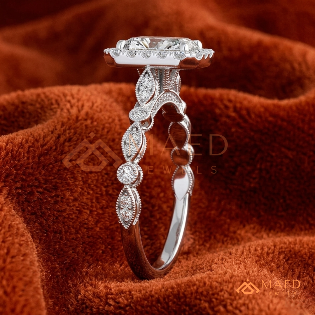 Radiant Halo Vintage-Style Engagement Ring – Ornate Vine Band