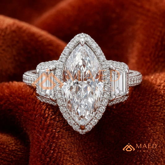 Vintage Marquise Cut 3-Stone Halo Ring with Triple-Row Pavé Band