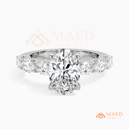 Oval Cut Engagement Ring with Large Round Accent Band | 14K Gold & Silver Shared Prong