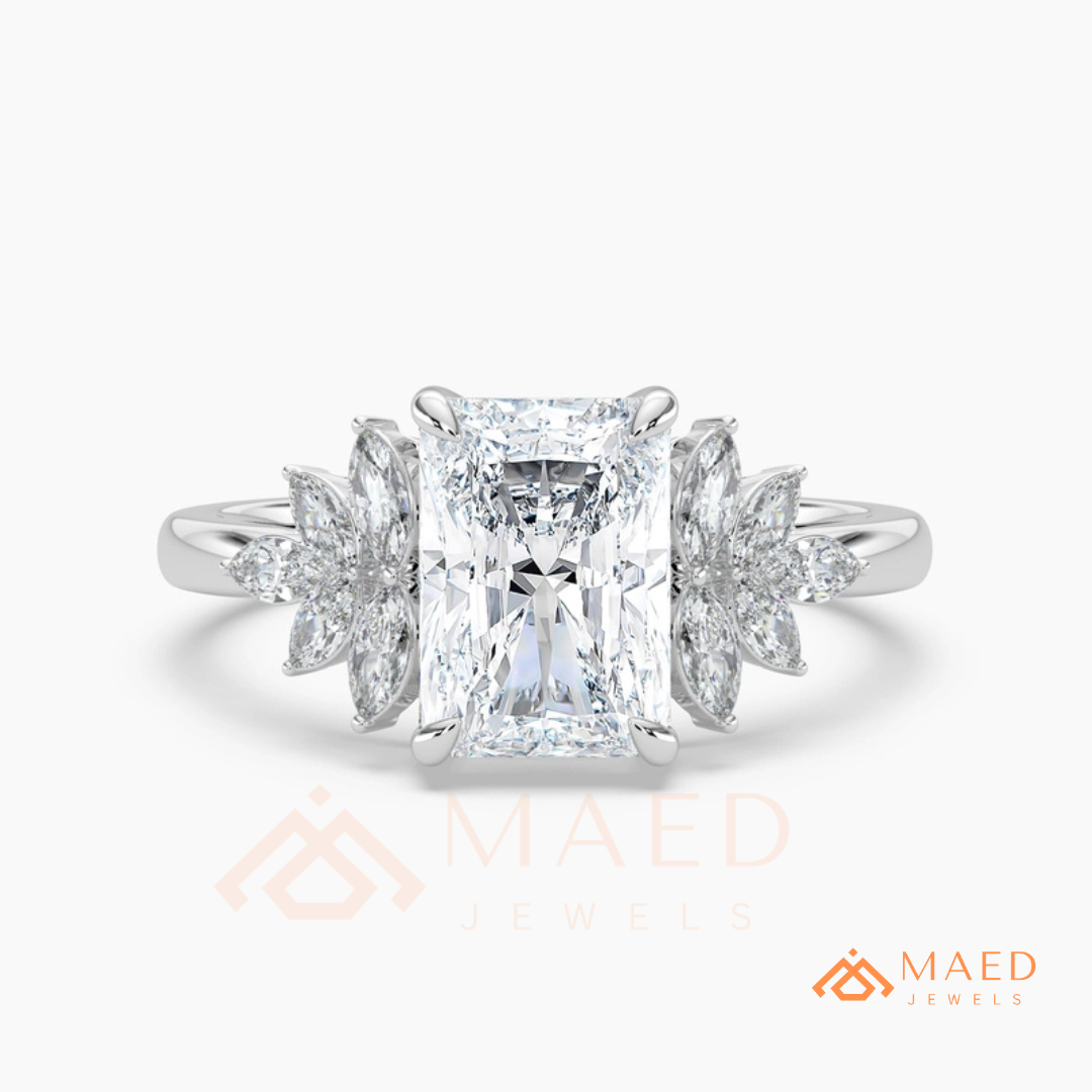 Radiant Cut Engagement Ring with Marquise Diamond Lotus Cluster in 14K Gold, Rose Gold & Silver