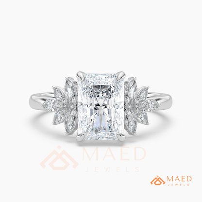 Radiant Cut Engagement Ring with Marquise Diamond Lotus Cluster in 14K Gold, Rose Gold & Silver
