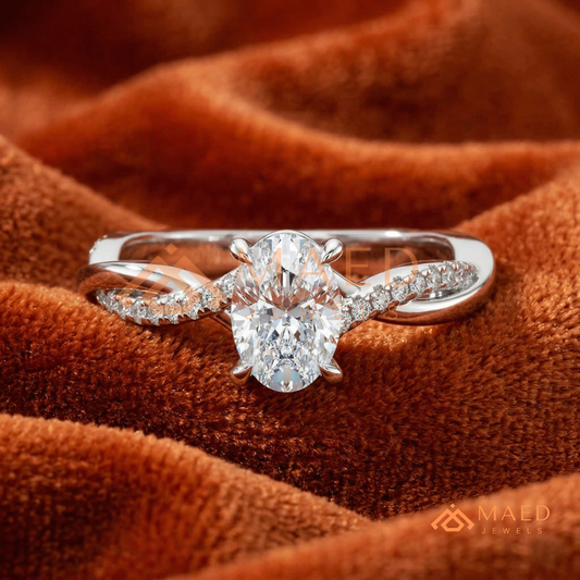 Oval Cut Twisted Infinity Engagement Ring in 14K Gold, Rose Gold & Silver | Entwined Pave Moissanite Wedding Ring for Women