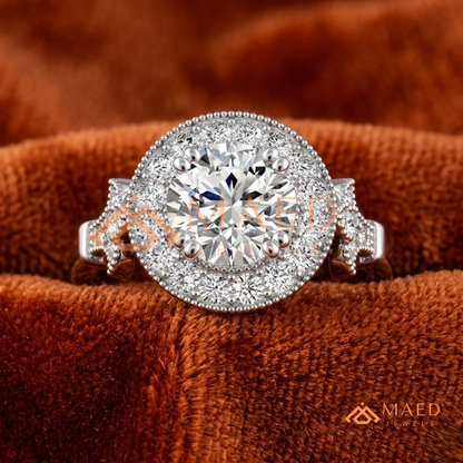 Vintage-Inspired Round Halo Engagement Ring with Milgrain Detail in 14K Gold, Rose Gold or Silver