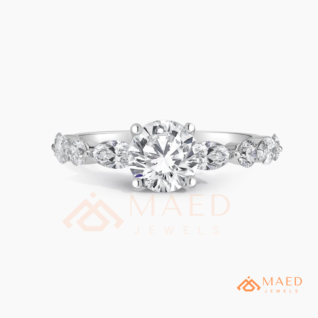 Round Cut Engagement Ring with Marquise Accents in Sterling Silver, 14K Gold & 14K Rose Gold