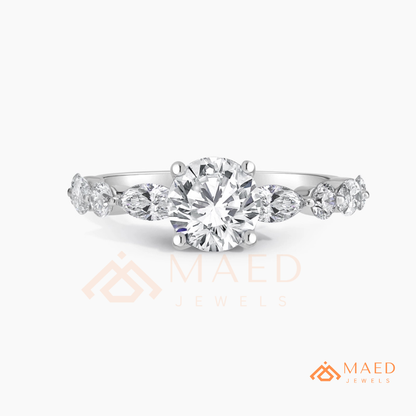 Round Cut Engagement Ring with Marquise Accents in Sterling Silver, 14K Gold & 14K Rose Gold