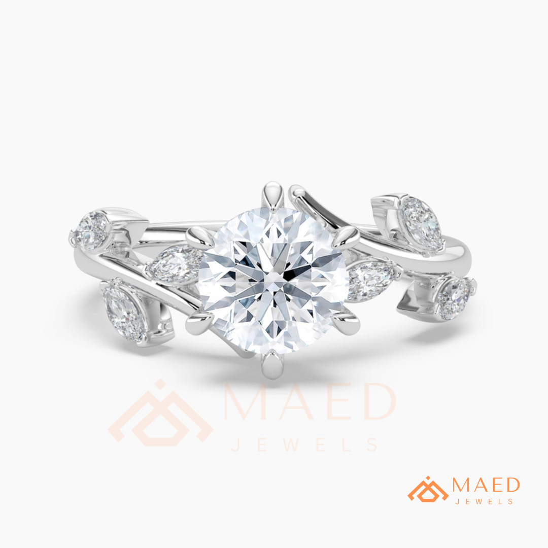 Nature Inspired Round Moissanite Engagement Ring, 6-Prong Marquise Leaf Twig Wedding Ring in Silver, 14K Gold & Rose Gold
