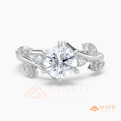 Nature Inspired Round Moissanite Engagement Ring, 6-Prong Marquise Leaf Twig Wedding Ring in Silver, 14K Gold & Rose Gold