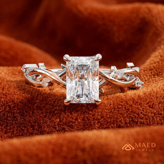 Enchanted Vine Radiant Cut Ring | Nature-Inspired Branch Wedding Band | 14K Gold, Rose Gold & Sterling Silver