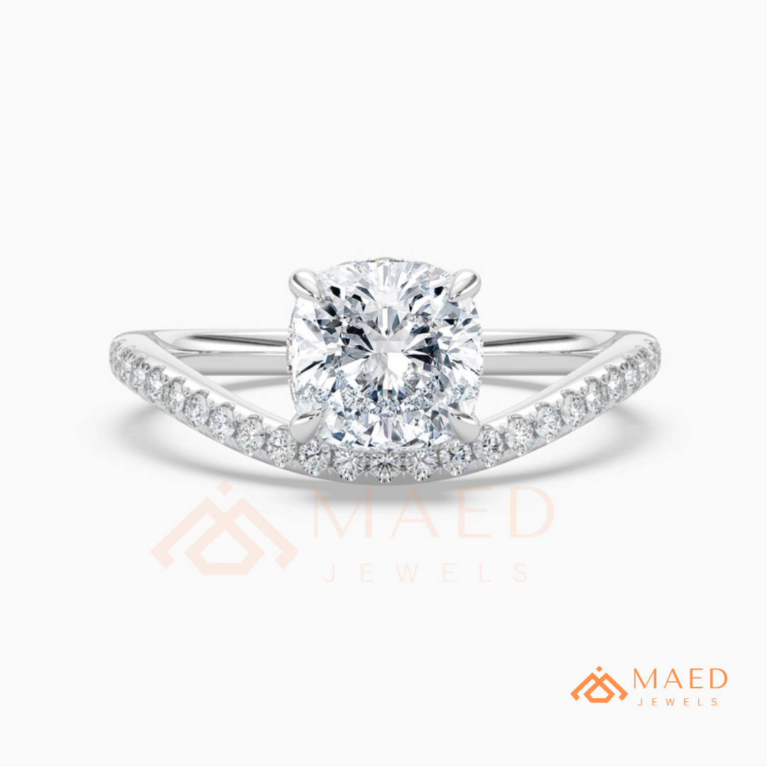 Cushion Cut Moissanite Chevron Engagement Ring, Curved Pavé Diamond Wishbone Wedding Ring in Silver, 14K Gold & Rose Gold