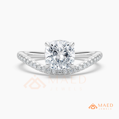 Cushion Cut Moissanite Chevron Engagement Ring, Curved Pavé Diamond Wishbone Wedding Ring in Silver, 14K Gold & Rose Gold