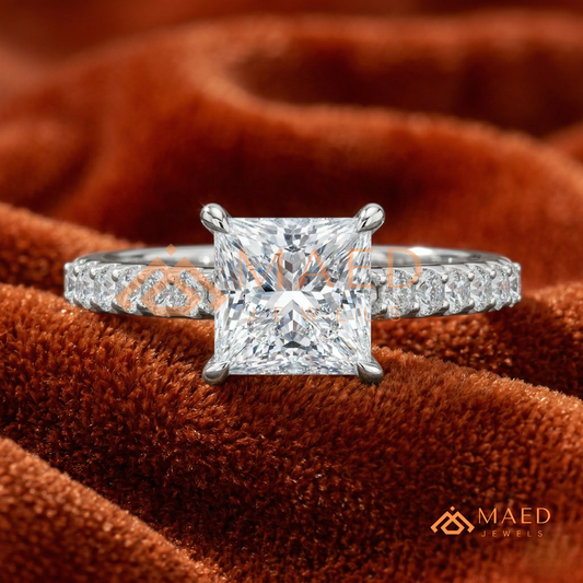 Princess Cut Engagement Ring with Pavé Band | 14k Gold, Rose Gold & Silver