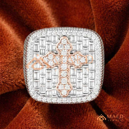 Heavy Square Iced Baguette Cross Ring – 925 Silver, 14K Gold & Rose Gold