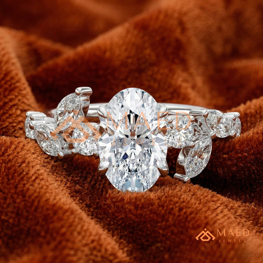 Asymmetric Oval Cut Cluster Engagement Ring | Marquise Leaf Vine Band