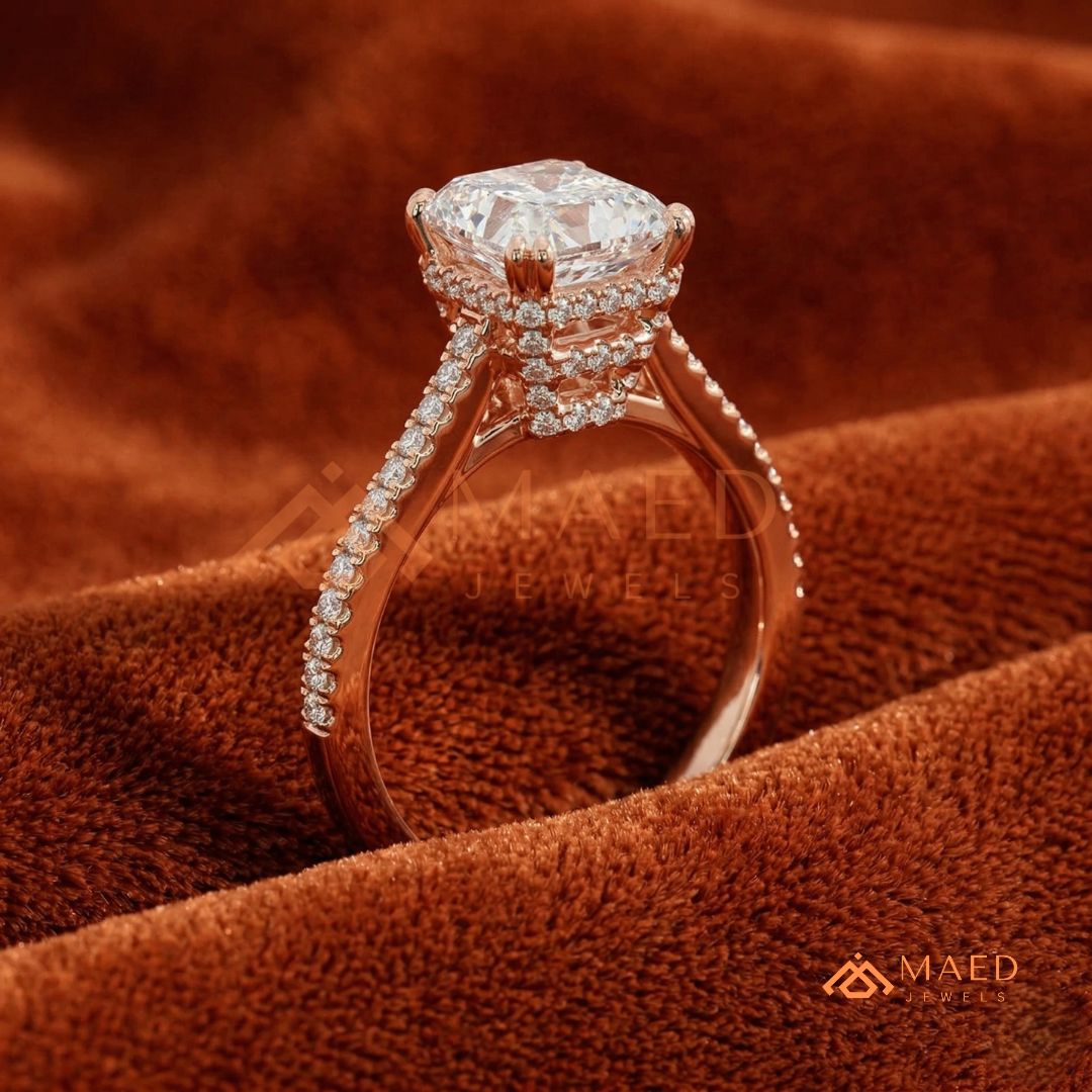 Radiant Cut Engagement Ring with Split Shank Pavé Band in Silver, 14K Gold, & 14K Rose Gold