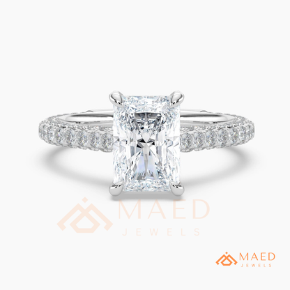 Radiant Cut Engagement Ring with Three-Row Pavé Band | 14k Gold, Rose Gold & Silver