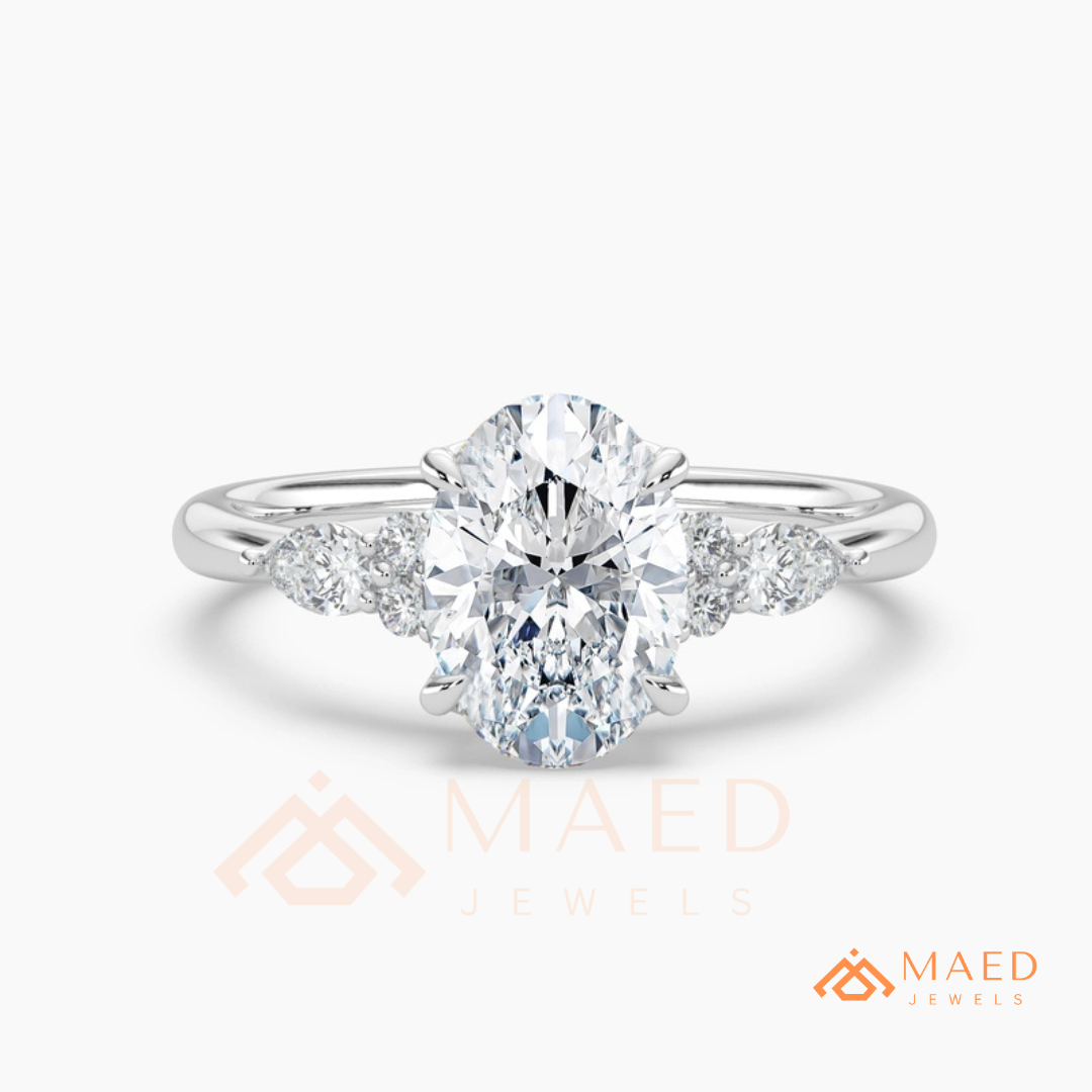 Oval Cut Cluster Engagement Ring | Pear & Round Side Stones in 14K Gold & Silver