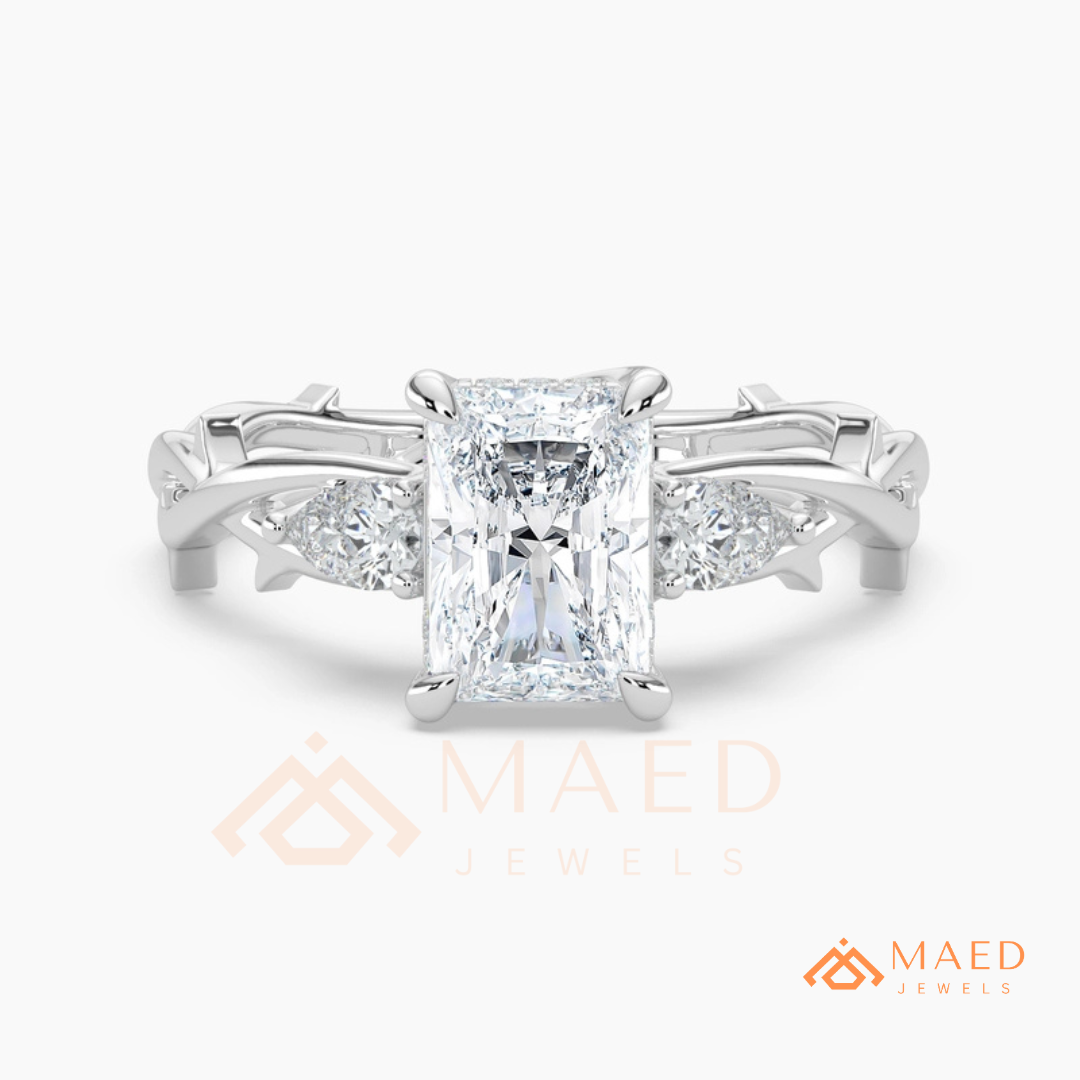 Nature-Inspired Radiant Cut Three-Stone Engagement Ring in Silver, 14k Gold, Rose Gold & Rose Gold