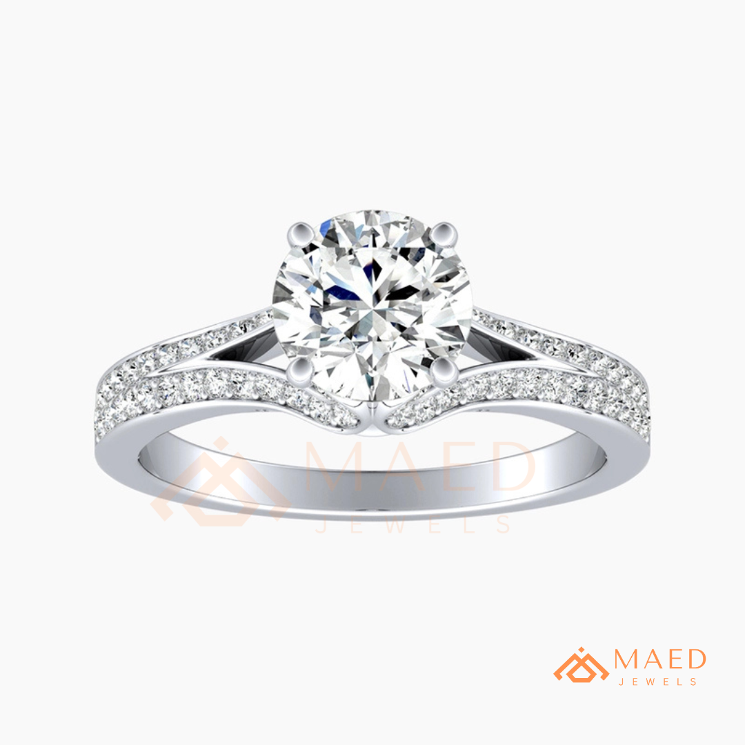 Round Brilliant Cut Split Shank Cathedral Engagement Ring in 14K Gold, Rose Gold & Silver | Vintage-Inspired Pave Accent Ring for Women