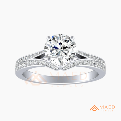 Round Brilliant Cut Split Shank Cathedral Engagement Ring in 14K Gold, Rose Gold & Silver | Vintage-Inspired Pave Accent Ring for Women