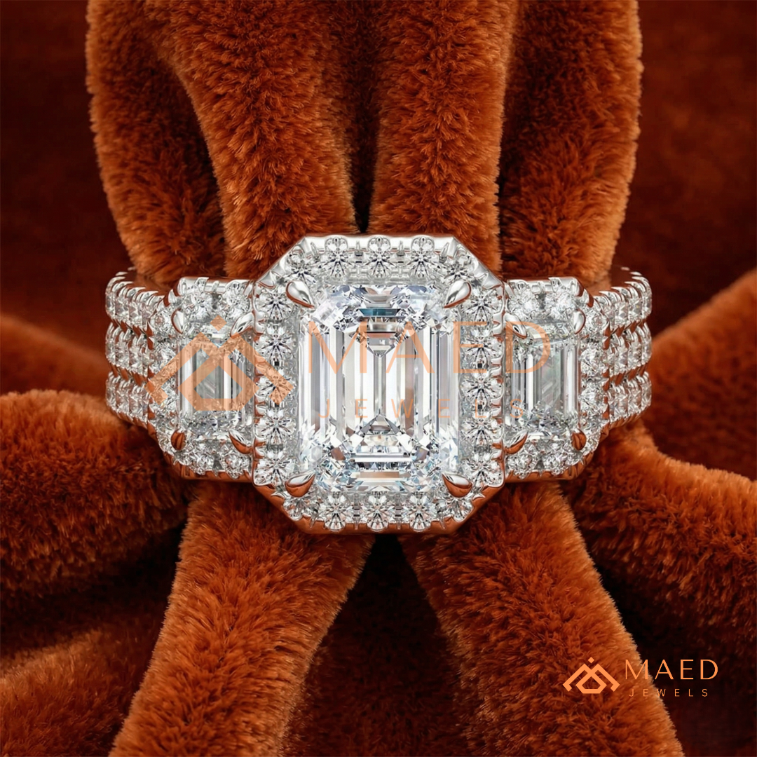 Three-Stone Emerald Cut Halo Engagement Ring | Triple Row Pave Band in 14K Gold & Silver