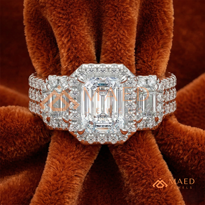 Three-Stone Emerald Cut Halo Engagement Ring | Triple Row Pave Band in 14K Gold & Silver