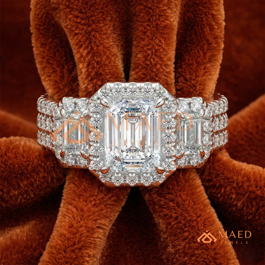 Three-Stone Emerald Cut Halo Engagement Ring | Triple Row Pave Band in 14K Gold & Silver