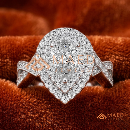 Double Halo Pear Cut Engagement Ring with Twisted Pave Band