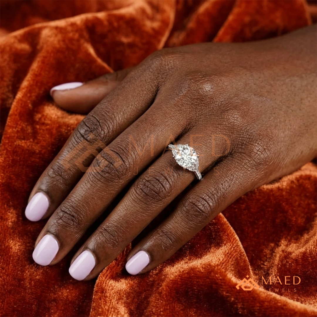 Round Brilliant and Half Moon Three Stone Ring | Multi-Row Pavé Band in 14k Gold & Silver