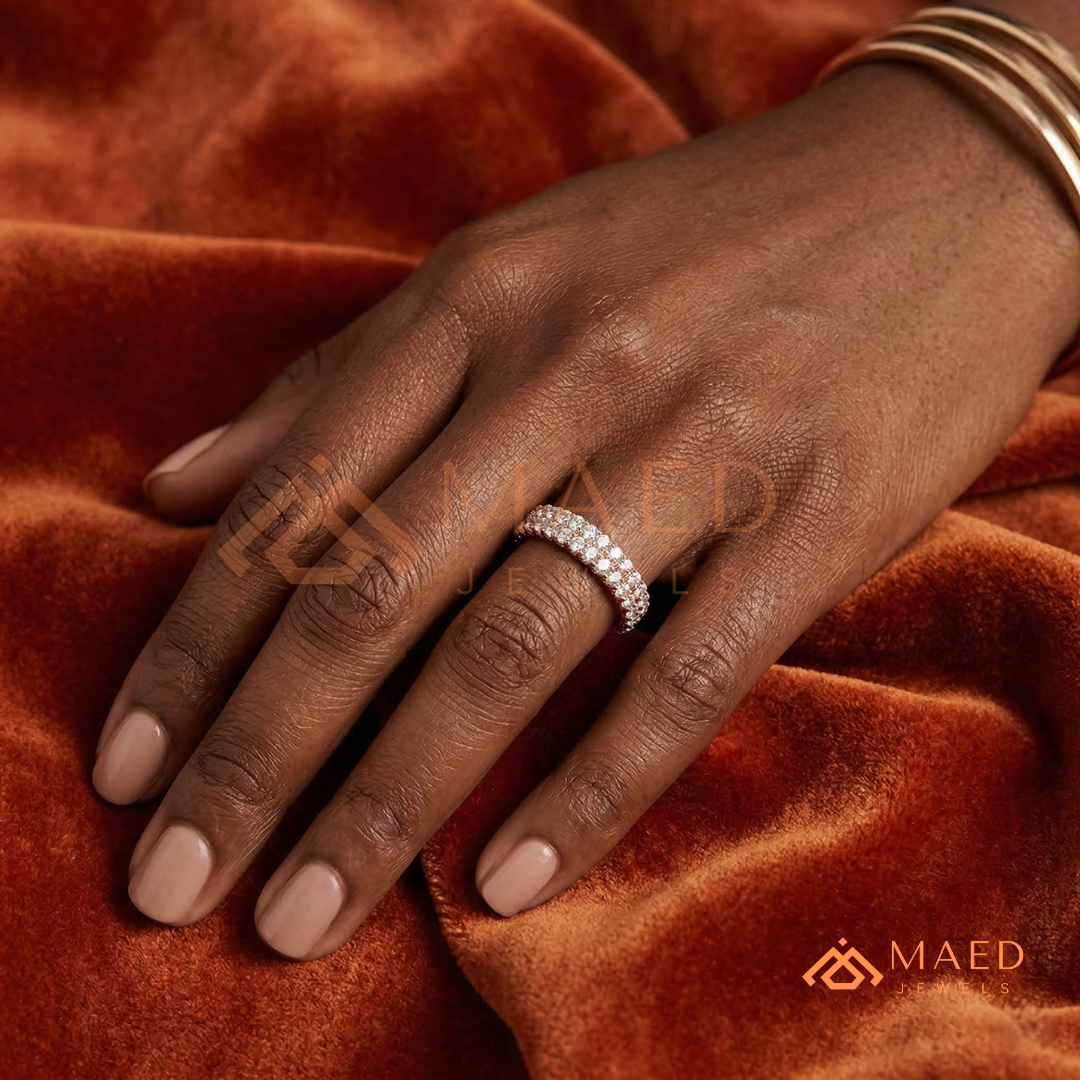 Double Row Pavé Diamond Wedding Band | 2-Row Micro-Pavé Anniversary Ring in Silver, 14K Gold, & Rose Gold