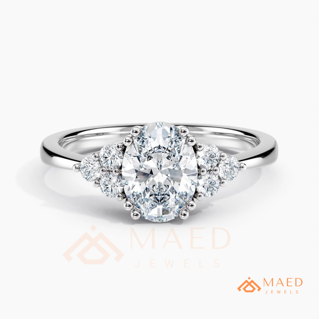 Oval Cut Engagement Ring with Round Cluster Side Stones | 14k Gold, Rose Gold & Silver