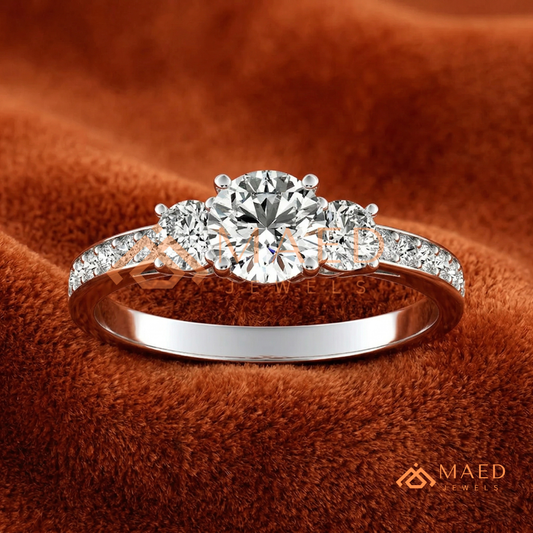Round Cut 3-Stone Engagement Ring in 14K Gold, Rose Gold & Silver | Classic Three Stone Pave Moissanite Ring for Women