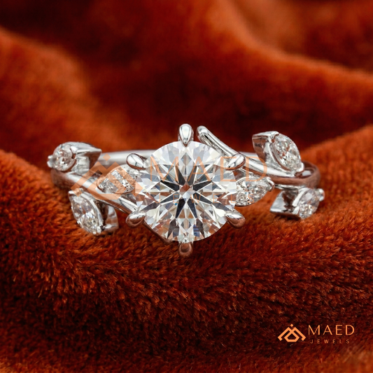 Nature Inspired Round Moissanite Engagement Ring, 6-Prong Marquise Leaf Twig Wedding Ring in Silver, 14K Gold & Rose Gold