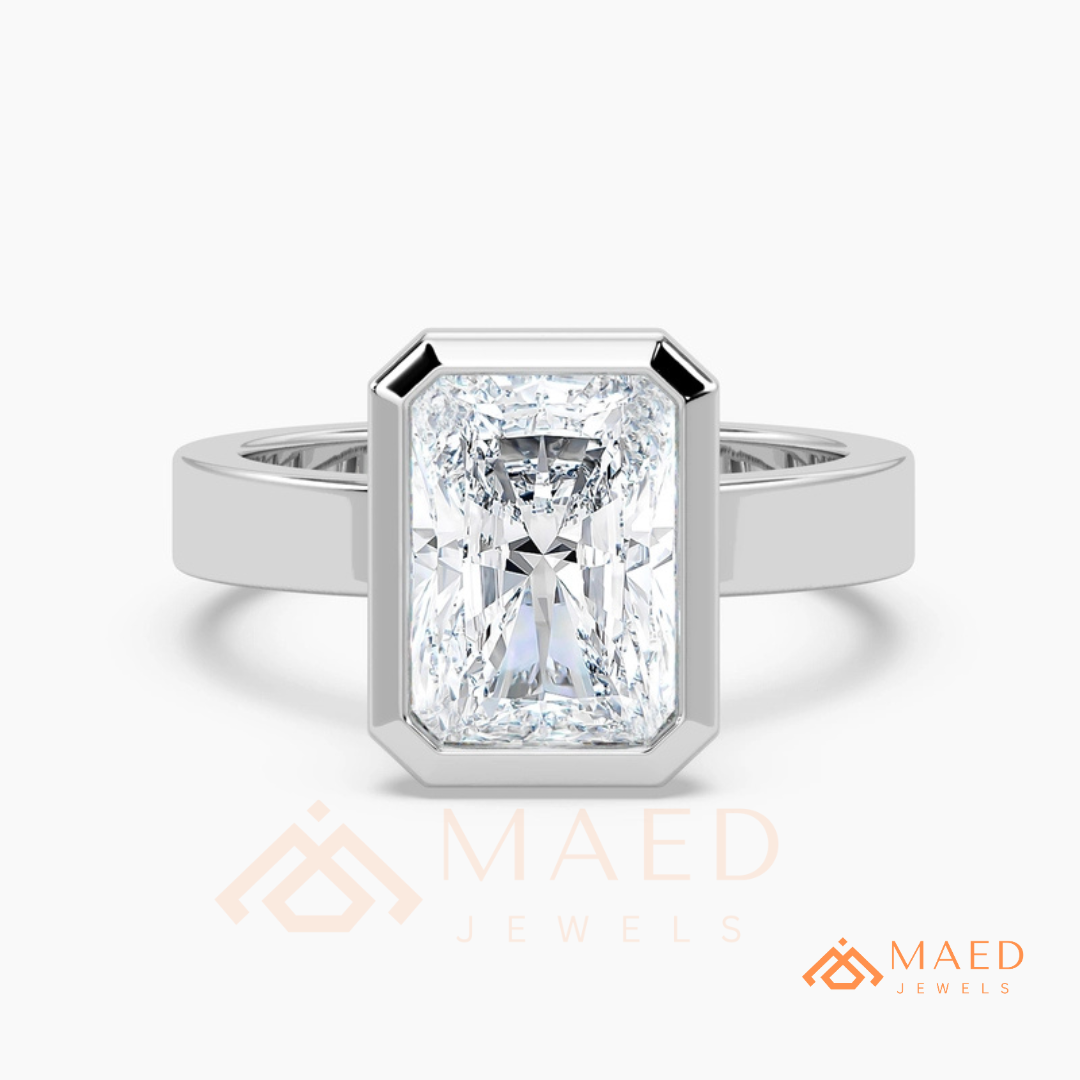 Radiant Cut Bezel Set Engagement Ring with Wide Flat Band in 14K Gold, Rose Gold & Silver