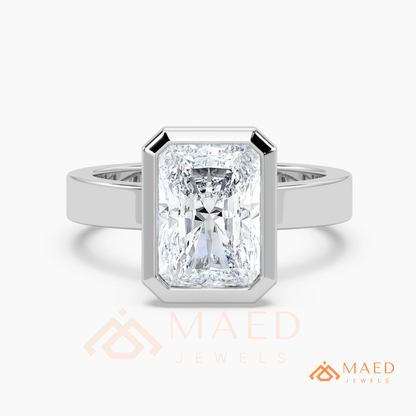 Radiant Cut Bezel Set Engagement Ring with Wide Flat Band in 14K Gold, Rose Gold & Silver