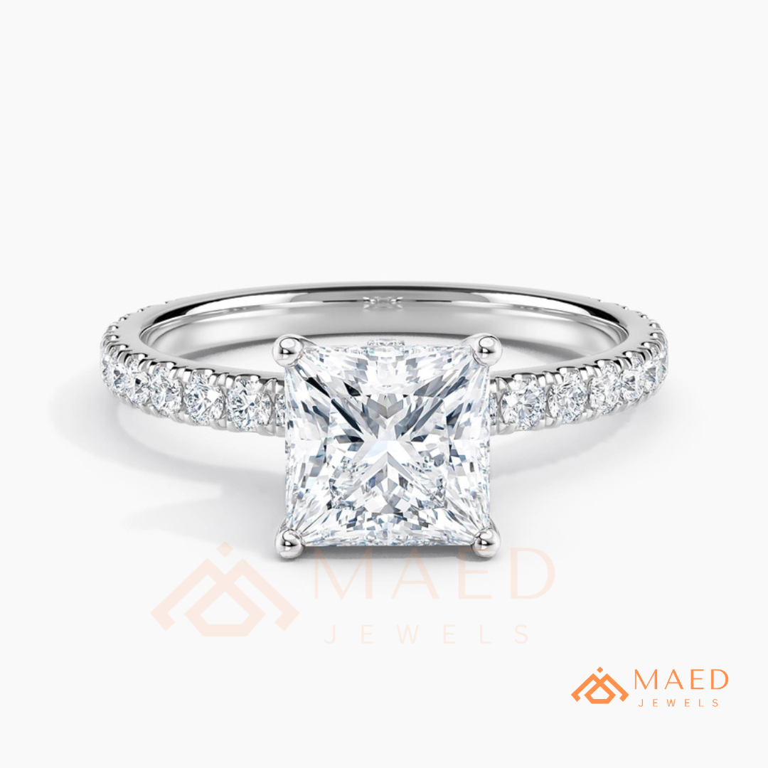 Princess Cut Engagement Ring with Pavé Band in Silver, 14K Gold, & 14K Rose Gold