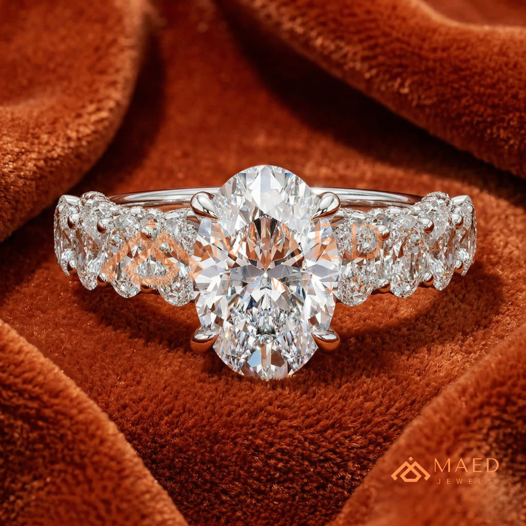 Elongated Oval Cut Engagement Ring with Oval Accent Band | 14k Gold, Rose Gold & Silver