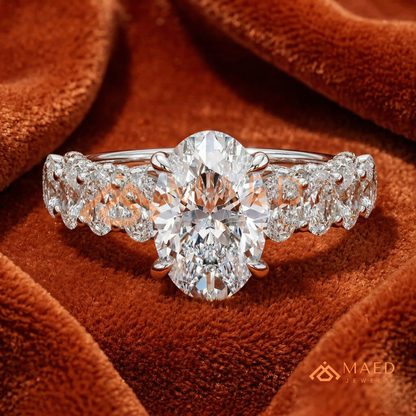 Elongated Oval Cut Engagement Ring with Oval Accent Band | 14k Gold, Rose Gold & Silver