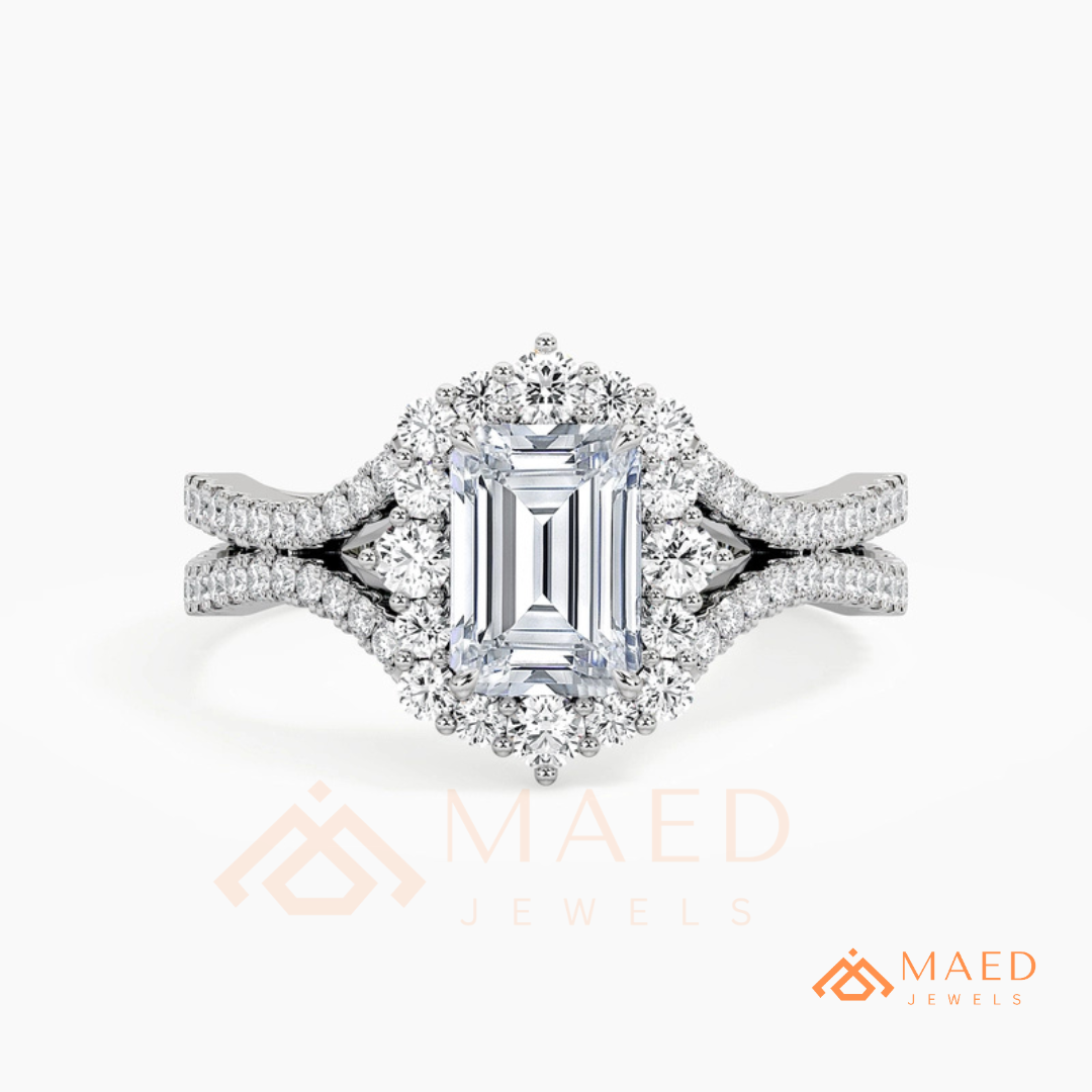 Emerald Cut Starburst Halo Engagement Ring | Split Shank Band in 14k Gold, Rose Gold & Silver