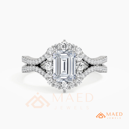 Emerald Cut Starburst Halo Engagement Ring | Split Shank Band in 14k Gold, Rose Gold & Silver
