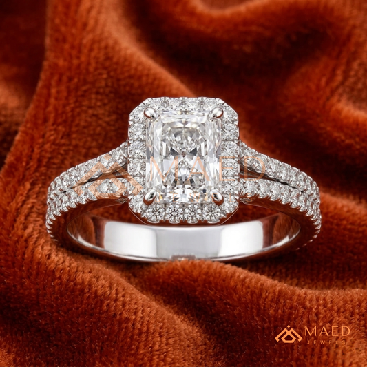 Radiant-Cut Halo Engagement Ring with Split-Shank Pavé Band