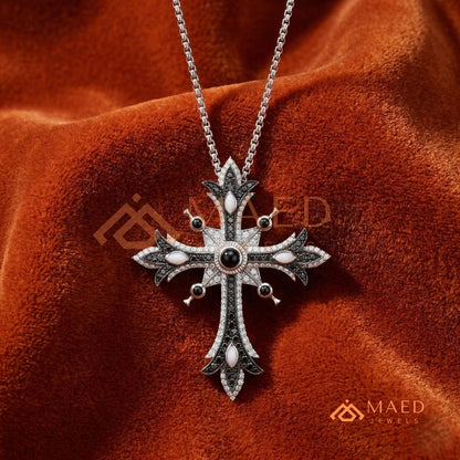 Heavy Black & White Diamond Cathedral Cross Charm – Vintage Goth Pendant