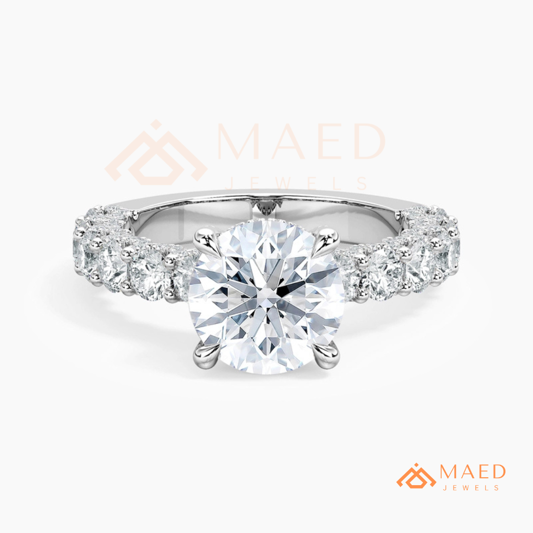 Round Brilliant Cut Engagement Ring with Shared Prong Band | 14k Gold, Rose Gold & Silver
