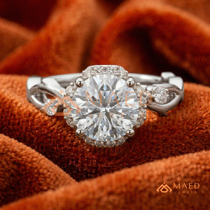 Round Cut Floral Halo Engagement Ring with Twisted Infinty Band in 14K Gold, Rose Gold & Silver