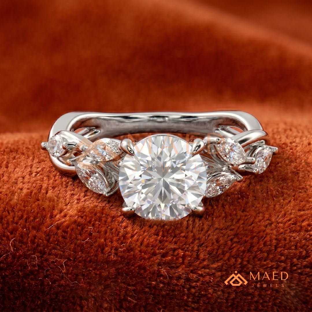 Nature Inspired Round Cut Moissanite Engagement Ring, Marquise Diamond Vine Leaf Wedding Ring in Silver, 14K Gold & Rose Gold