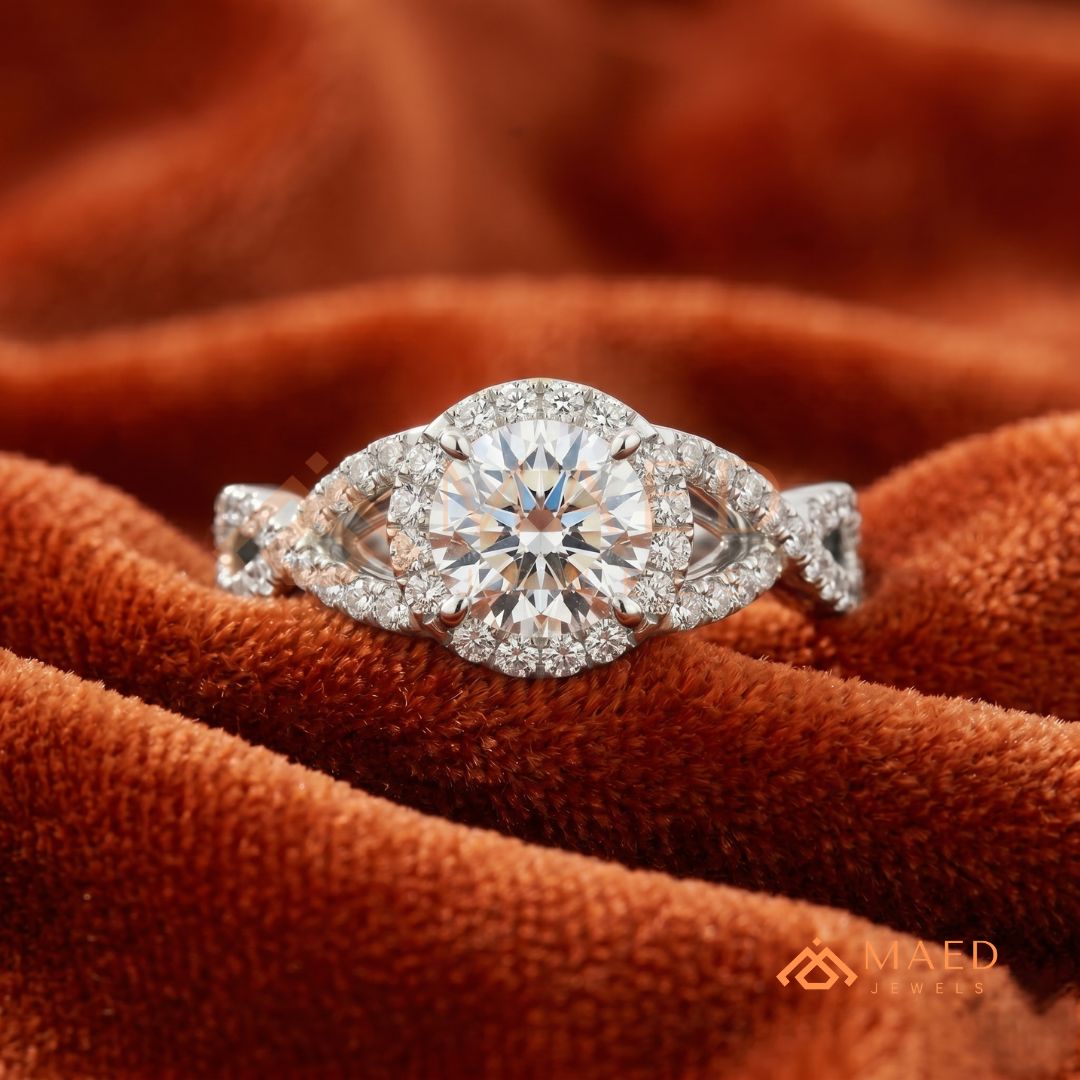 Entwined Infinity Halo Diamond Simulant Ring in 14K Yellow Gold, Rose Gold & Silver